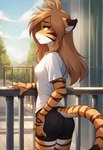 2024 anthro bottomwear breasts brown_hair butt clothed clothing cloud female frown fur hair orange_body orange_fur plant playground prompt railing rear_view shorts sky solo standing tree twokinds white_body white_fur yellow_eyes malo17 flora_(twokinds) felid mammal pantherine tiger hi_res