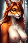 anthro breasts eyebrows facial_markings female forest forest_background fur hair head_markings inner_ear_fluff looking_at_viewer markings medium_breasts nature nature_background nipples orange_body orange_fur pink_nose plant red_hair solo tree tuft white_body yellow_eyes exawalker1991 domestic_cat felid feline felis mammal attempted_signature hi_res