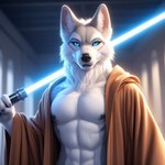 anthro canid canine canis fur humanoid jedi lightsaber male mammal melee_weapon muscular solo temple weapon white_body white_fur wolf