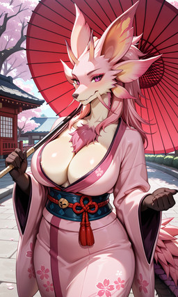 anthro asian_clothing breasts cherry_blossom cherry_blossom_tree cherry_tree cleavage clothed clothing east_asian_clothing female fruit_tree japanese_clothing kimono parasol pink_body plant solo tree ebil64 capcom monster_hunter leviathan_(mh) mizutsune hi_res