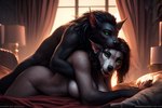 anthro bed bedroom big_breasts bite black_body black_fur blizzard_entertainment breasts brown_body brown_fur canid canine cuddling duo female female/female from_behind_position fur furniture green_eyes kauket kauket_blackmoore looking_at_viewer mammal sex warcraft were werecanid werecanine worgen world_of_warcraft