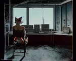 anthro areola black_nose breasts canid canine crossed_legs desolate female fox izzerwat_(director) mammal muted_colors nipples nude ruins sitting solo sunset