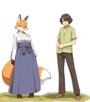 annoyed anthro asian_clothing blue_eyes bottomwear clothed clothing duo east_asian_clothing female footwear fully_clothed grin hakama japanese_clothing male miko_outfit pants shirt shoes smile topwear yellow_eyes quicklime canid canine fox human mammal hi_res