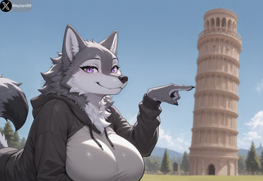 anthro big_breasts black_tail_tip breasts clothing cute_fangs female fur grey_body grey_fur hoodie neck_tuft outside pupils purple_eyes slit_pupils smile solo topwear tower tuft white_body white_fur weytani99 rusha_(weytani99) canid canine canis mammal wolf hi_res