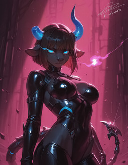 anthro blue_eyes bodysuit breasts clothed clothing female glowing glowing_eyes hair horn latex looking_at_viewer rubber_clothing rubber_suit skinsuit solo standing tight_clothing kirinokanro arachnid arthropod bovid bovine cattle felid hybrid mammal scorpion hi_res
