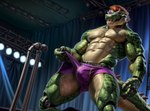 abs alligator alligatorid anthro bulge bulgewhisper clothing crocodilian five_nights_at_freddy's five_nights_at_freddy's:_security_breach male montgomery_gator_(fnaf) muscular reptile scalie solo stage underwear undressing