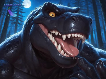black_body black_eyes bodily_fluids forest light male moonlight night plant saliva saliva_string sharp_teeth solo teeth tongue tree yellow_sclera tredici04 rex_(tredici04) dinosaur humanoid reptile scalie animated webm