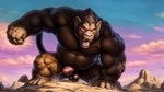 anthro ape balls big_penis big_trapezius broad_shoulders brown_body brown_fur fangs fist foreskin fur genitals glowing glowing_eyes gorilla hand_on_ground haplorhine kneeling landscape landscape_dwarfing macro male mammal monkey_tail musclegut no_pupils no_sclera on_one_knee oozaru open_mouth partially_retracted_foreskin penis prick_ears primate red_eyes solo sunset teeth thick_arms thick_penis thick_thighs tongue zeid_(director)