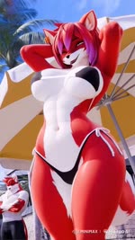 anthro belly bikini bikini_bottom bikini_top clothing dividebyezer0 ear_piercing female fur piercing red_body red_fur solo swimwear white_belly white_breasts silver675790 animated hi_res webm