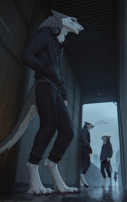 3_toes 4_fingers 4_toes 5_fingers ambiguous_gender annoyed anthro barefoot biped black_body black_claws black_clothing black_fur black_gloves black_handwear blue_eyes bottomwear city city_background claws clothed clothing detailed_background dialogue digitigrade electronics eyes_closed feet fingers fully_clothed fur gloves grey_body grey_clothing grey_fur group hand_in_pocket hands_in_both_pockets handwear headphones hoodie inside jacket laughing looking_at_another looking_down male multicolored_body multicolored_fur neck_tuft night outside pants paws pockets raining smile smoke solo_focus standing tail tail_tuft tan_body tan_fur text toe_claws toes topwear tuft two_tone_body two_tone_fur vest walking white_body white_fur yellow_eyes adragocult canid canine lagomorph leporid mammal rabbit sergal absurd_res digital_media_(artwork) english_text hi_res