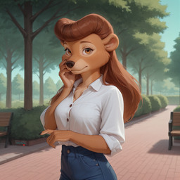 5_fingers anthro big_breasts blue_bottomwear blue_clothing blue_jeans blue_pants bottomwear breasts clothed clothing denim denim_clothing female fingers jeans looking_at_viewer pants solo touching_face ulf talespin rebecca_cunningham mammal ursid 1:1 hi_res signature watermark