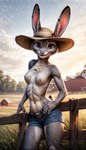 anthro belt bottomwear breasts building casual_exposure clothed clothing ears_up farm farm_girl female fence field hand_on_hip house looking_at_viewer nipples outdoors plant pose shorts smile solo sun_hat topless topless_female tree wheat_field zootopia ocpik4chu judy_hopps lagomorph leporid mammal rabbit absurd_res hi_res