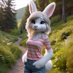 anthro blonde_hair clothed clothing female fully_clothed fur gray_eyes hair hand_in_pocket hands_in_both_pockets looking_at_viewer pattern_clothing pockets smile solo striped_clothing stripes white_body white_fur omgechounknown lagomorph leporid mammal rabbit