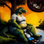 anthro bottomwear clothing curvy_figure female group hotpants inside_view larger_female male male/female musclegut overweight plant pond shirt shorts size_difference smaller_male stomach_interior swamp t-shirt topwear tree trio voluptuous voluptuous_female vore water spelunkermouse_(director) alligator alligatorid crocodilian lagomorph leporid mammal rabbit reptile scalie