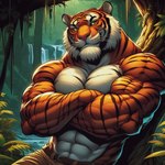 1:1 2024 abs anthro belt belt_buckle biceps big_biceps big_deltoids big_forearm_muscles big_muscles big_pecs big_trapezius big_triceps biped black_body black_fur black_pupils black_stripes bottomwear brown_belt brown_bottomwear brown_clothing brown_pants cheek_tuft chin_tuft closed_smile clothed clothed_anthro clothed_male clothing countershade_ears countershade_face countershade_fur countershade_neck countershade_torso countershading crossed_arms dall-e_3 day deltoids detailed detailed_background digital_media_(artwork) facial_tuft felid forearm_muscles forest forest_background front_view fur green_eyes half-length_portrait hi_res jungle leaf leaning leaning_back leaning_on_tree light lighting looking_at_viewer male mammal manly mature_anthro mature_male monotone_bottomwear monotone_clothing monotone_pants monsterlover multi_tone_body multi_tone_fur multicolored_body multicolored_fur muscular muscular_anthro muscular_arms muscular_male nature nature_background no_sclera orange_body orange_ears orange_fur outside pantherine pants pecs pink_nose plant portrait pose pupils rainforest round_ears shaded slit_pupils smile smiling_at_viewer solo standing striped_body striped_fur stripes thick_neck tiger topless topless_anthro topless_male trapezius tree triceps tuft water waterfall whiskers white_body white_countershading white_fur white_inner_ear white_tuft