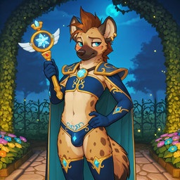 anthro bottomwear bulge clothed clothing crossdressing footwear fur garden legwear looking_at_viewer magic_user male multicolored_body multicolored_fur panties pose socks solo tail thigh_highs underwear womb_tattoo plapenjoyer hyaenid mammal spotted_hyena