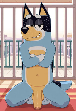anthro balls big_balls big_penis black_nose blue_body blue_fur crossed_arms flaccid foreskin fur genitals humanoid_genitalia humanoid_penis inside kneeling looking_at_viewer male navel partially_retracted_foreskin penis smile smug solo boxen549 bluey_(series) bandit_heeler australian_cattle_dog canid canine canis cattledog domestic_dog herding_dog mammal pastoral_dog hi_res