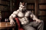 abs anthro askiewarg belt bottomwear brown_hair canid canine canis clothing collar container cup drinking_glass glass glass_container glass_cup hair library male mammal muscular muscular_male pants pecs red_eyes seductive solo wine_glass wolf