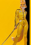 anthro bodysuit clothed clothing eyebrow_piercing facial_piercing female fur holding_object holding_sword holding_weapon jumpsuit katana melee_weapon orange_body orange_fur piercing simple_background skinsuit solo standing sword tight_clothing weapon yellow_background zipper gamble_(director) diane_foxington canid canine fox mammal hi_res