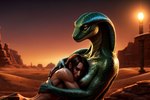 anthro areola blizzard_entertainment breasts cuddling desert duo female green_body green_scales human kauket male male/female mammal night nipples nude outside reptile scales scalie sethrak side_view small_breasts snake snake_hood sunset warcraft world_of_warcraft yellow_eyes