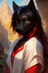 ambiguous_gender anthro black_ears black_hair black_nose blind_eye castle clothing cloud eye_scar facial_scar grey_eyes hair mountain plant red_eyes red_hair river scar shirt sky solo solo_focus topwear white_clothing white_shirt white_topwear bahufaru xanthos canid canine canis mammal wolf portrait