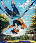 anthro bottomwear bungee bungee_trampoline clothing denim denim_clothing eurobungee female harness jeans outside pants solo trampoline upside_down gusc3 canid canine fox mammal hi_res