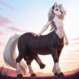 animal_genitalia animal_penis anthro balls big_balls big_penis bodily_fluids dark_body dark_fur equine_penis fur genital_fluids genitals grey_body grey_fur grey_hair grey_tail hair hooved_feet hooves huge_balls huge_penis leaking_precum male multicolored_body notched_ear outside penis precum quadruped red_sclera solo white_body white_eyes white_fur gertgrg helluva_boss loona_(helluva_boss) canid canid_demon centaur demon equid equid_taur hellhound humanoid_taur hybrid mammal mammal_taur taur hi_res