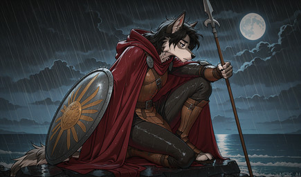 anthro armor black_hair cloak clothing fur grey_body grey_fur hair kneeling kneeling_on_ground male medieval medieval_armor medieval_clothing melee_weapon moon polearm raining rock sad sea shield solo spear water weapon wet wet_body wet_fur mercrantos canid canine canis mammal wolf hi_res