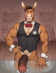 anthro bar bartender big_penis bodily_fluids bowtie clothing genital_fluids genitals huge_penis male pecs penis precum solo topwear vest aipinups asinus donkey equid equine mammal