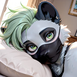 afterglowatelier anthro bedroom close-up clothed_anthro ear_piercing face_mask fur green_eyes green_hair hair looking_at_viewer lying_on_side male piercing pillow solo makki lemur mammal primate strepsirrhine detailed hi_res
