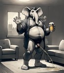 alcohol anthro balls bedroom_eyes beer beverage bodily_fluids body_hair clothing elephant elephantid footwear genital_fluids genitals gesture hairy hairy_balls hi_res male mammal moobs mostly_nude narrowed_eyes nikol-ai overweight peeing proboscidean pubes robe robe_only seductive socks solo tusks urine urine_on_ground urine_stream watersports waving