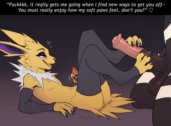 3_toes <3 animal_genitalia animal_penis anthro balls bedroom_eyes black_clothing black_eyeshadow black_legwear black_sleeves clothing dialogue duo equine_penis eyeshadow feet femboy foot_fetish foot_play footjob genitals legwear lying makeup male male/male masturbation mostly_nude mostly_offscreen_character motion_lines narrowed_eyes nude on_back on_knees penis purple_eyes seductive sex simple_background text toes yellow_body lightning7 nintendo pokemon discharge_(lightning7) eeveelution equid equine generation_1_pokemon generation_5_pokemon jolteon mammal pokemon_(species) zebstrika hi_res