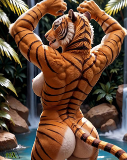 anthro back_boob back_muscles breasts bubble_butt butt depth_of_field detailed_background female flexing jungle light looking_at_viewer muscular nipples nude outside realistic realistic_fur rearboob side_boob smile solo sound_warning sunlight tail tongue tongue_out waterfall wide_hips 11-lambda felid mammal pantherine tiger animated hi_res huge_filesize webm