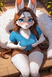 anthro blue_eyes blush bottomwear breast_grab breasts brown_hair claws clothing female footwear fur hair hand_on_breast high-angle_view long_hair looking_at_viewer mouth_closed outdoors shirt shorts shy sitting small_breasts socks solo topwear tuft white_body white_fur ayo_keito hybrid lagomorph leporid mammal rabbit absurd_res hi_res