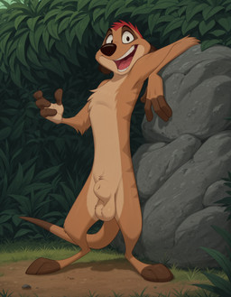 animal_genitalia anthro balls fully_sheathed genitals leaning looking_at_viewer male outside rock sheath smile smiling_at_viewer solo standing toony aksel disney the_lion_king timon herpestid mammal meerkat hi_res