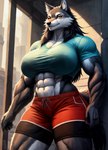 abs agreenfish anthro biceps big_breasts big_muscles bottomwear breasts canid canine canis clothing detailed detailed_fur female hi_res looking_at_viewer mammal muscular muscular_female shirt shorts small_waist solo t-shirt tight_clothing topwear wolf