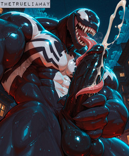 auto_penis_lick balls big_muscles big_penis black_body bodily_fluids cum cumshot ejaculation empty_eyes erection genital_fluids genitals humanoid_genitalia humanoid_penis licking long_tongue male masturbation muscular muscular_male not_furry nude open_mouth oral oral_masturbation penile penile_masturbation penis saliva self_lick sharp_teeth solo sweat teeth tongue tongue_out thetrueliamay marvel venom_(marvel) alien alien_humanoid humanoid symbiote absurd_res hi_res