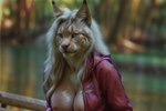 anthro bench breasts clothing female fluffy hair logo nipples red_clothing river sitting_on_bench solo white_hair windbreaker yellow_eyes akhiezer felid feline hybrid lynx mammal animated