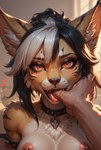 anthro bodily_fluids breasts collar duo female finger_in_mouth first_person_view fur hair human_pov looking_at_viewer nipple_piercing nipples nude piercing pov_hands saliva seductive solo tongue tongue_out director_elkkue felid human hybrid mammal hi_res portrait