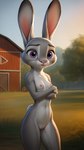 anthro babeyax715 big_eyes breasts colored crossed_arms ears_up female fur genitals grey_body grey_fur hi_res judy_hopps lagomorph leporid light mammal nipples nude outdoor purple_eyes pussy rabbit scut_tail short_tail solo standing sunlight zootopia