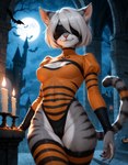 anthro blindfold bodysuit cameltoe castle claws clothing female fur grey_body grey_fur hair halloween legwear moon outdoors skinsuit smile solo standing striped_body striped_fur stripes thigh_highs tight_clothing white_body white_fur white_hair ayo_keito yorha_2b felid feline mammal absurd_res hi_res