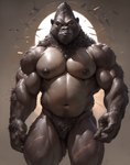 abdominal_bulge anthro black_body black_skin hair male muscular muscular_male nipples scars simple_background solo standing yellow_eyes kuranoidss ape gorilla haplorhine humanoid mammal primate hi_res