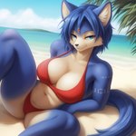 absurd_res anthro beach bedroom_eyes bikini blue_body blue_eyes blue_fur blue_hair breasts camel_toe canid canine cleavage clothed clothing female fox fur hair hi_res jackofgods krystal mammal narrowed_eyes seaside seductive smug solo swimwear white_body white_fur