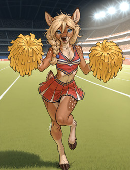anthro blonde_hair blue_eyes bottomwear braided_hair cheering cheerleader cheerleader_outfit clothing female hair lips looking_at_viewer pom_poms skirt solo step_pose gilkardex elain_(gilkardex) cervid mammal absurd_res hi_res