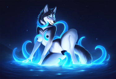 animal_genitalia animal_pussy anthro bedroom_eyes black_body black_fur blue_eyes breasts canine_genitalia canine_pussy female fur genitals glowing glowing_tentacles looking_at_viewer multicolored_body multicolored_fur narrowed_eyes night nude partially_submerged penetration pussy seductive sex solo tentacle_in_pussy tentacle_penetration tentacle_sex tentacles vaginal vaginal_penetration water white_body white_fur polar_(director) alaskan_malamute canid canine canis domestic_dog mammal nordic_sled_dog spitz