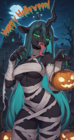 1_horn anthro bandages black_body black_skin body_fur breasts candy castle cemetery clothing colored_nails dessert eyeshadow fangs female food fruit full_moon goat_ears green_eyes green_hair green_nails hair halloween halloween_bucket halloween_costume happy_halloween holidays horn jack-o'-lantern large_breasts long_hair long_tongue looking_at_viewer makeup medium_breasts moon multicolored_hair mummy mummy_costume nails naked_bandage night open_mouth outside plant pumpkin pupils sky slit_pupils smile snout solo teeth tombstone tongue tongue_out tree under_boob very_long_hair tricksterfox friendship_is_magic my_little_pony queen_chrysalis_(mlp) humanoid undead absurd_res animated hi_res short_playtime webm