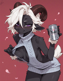 anthro beverage_can black_body clothing female hair half-closed_eyes holding_beer leaning leaning_forward narrowed_eyes purple_eyes seductive_smirk short_hair solo sweater topwear virgin_killer_sweater white_hair djar17 meme_clothing bovid caprine mammal sheep absurd_res hi_res meme