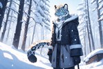 anthro black_ears blue_eyes clothed clothing countershading female gloves grey_body handwear inner_ear_fluff leopard_spots pink_nose plant snow solo spots spotted_body tree tuft white_body white_countershading winter_clothing winter_coat damion_moore felid mammal pantherine snow_leopard