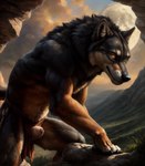 anthro black_body black_claws black_fur black_nose bottomwear bottomwear_aside canid canine canis cave_entrance claws clothing clothing_aside fur genitals inner_ear_fluff keebler loincloth loincloth_aside male mammal outdoors penis poking_out smirking_at_viewer solo tan_body tan_fur tuft white_body white_fur wolf yellow_eyes