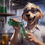 anthro bird_dog canid canine canineluvr19 canis chest_tuft clothing domestic_dog dress_shirt eyewear floppy_ears goggles golden_retriever hunting_dog hyper_realistic_ai laboratory liquid male mammal meme mixing open_mouth retriever scientific_experiment shirt shirt_collar solo topwear tuft whisker_spots